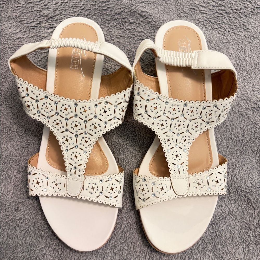 Shibever White Cutout Rhinestone Sandals Women’s Size 7 | Summer Dressy Wedge